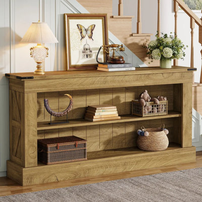 Wood Double Shelf Console Table with Barn Door Accents, Rustic Farmhouse Sofa Table for Entryway & Living Room