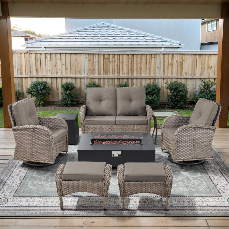 Esquer 7-Pieces Wicker Outdoor Loveseat Conversation Set For 6 Person With 2 Rocking And Swivel Chairs & Fire Pit Table, Gray