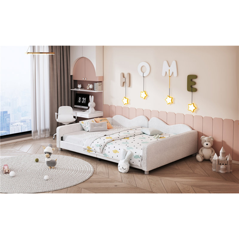 Full Size Upholstered Daybed, Sherpa Fabric Sofabed With Cloud-Shaped Backrest, No Box-Spring Needed, White(Old SKU: WF532069AAK)