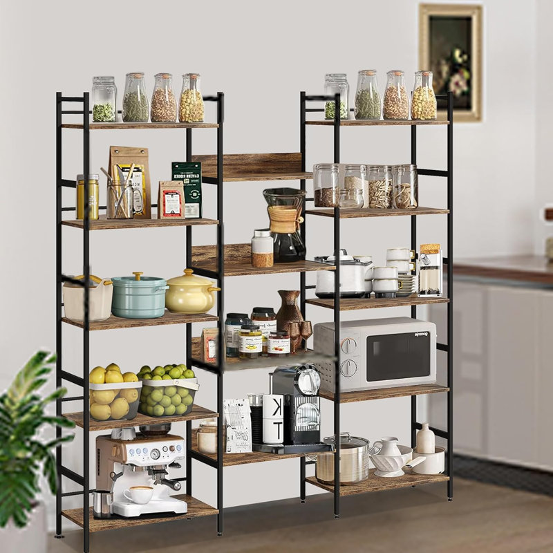 Bookshelf 5 Tiers With 4 Hooks, Triple 5 Tier Bookshelf,Bookcase Large Industrial Bookcase, Brun