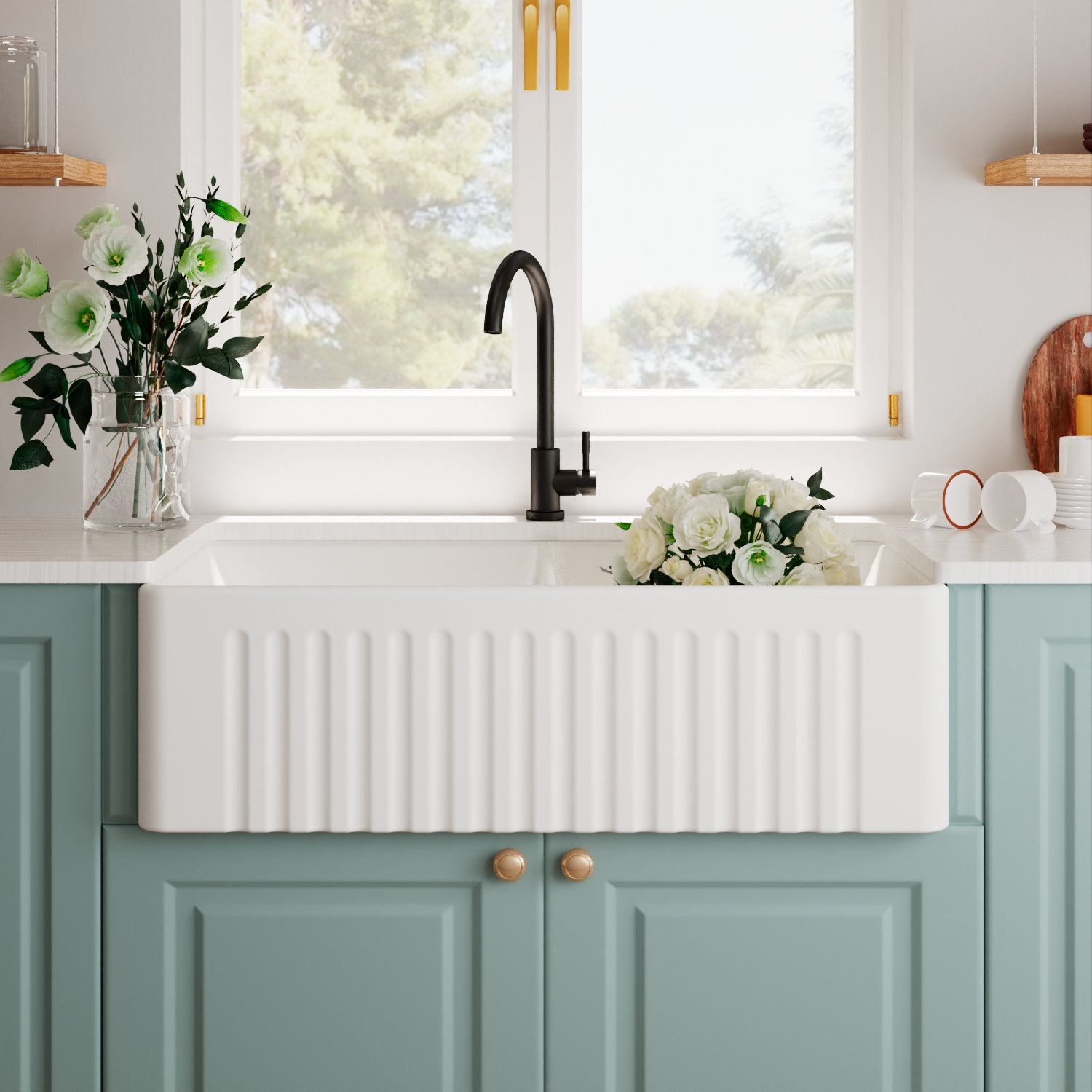 Eclipse 33" Double Bowl Farmhouse Kitchen Sink, White