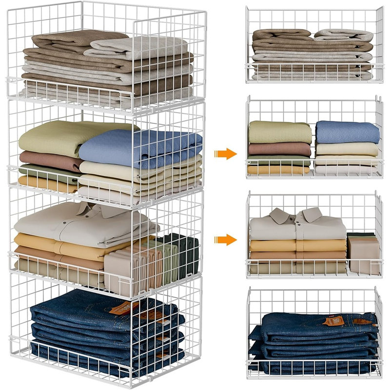 Rangement de placard empilable à 4 niveaux et paniers de rangement - Blanc - Système de tablettes pliables, Organisateur de tiroir à vêtements compact pour garde-robe (brevet en instance)