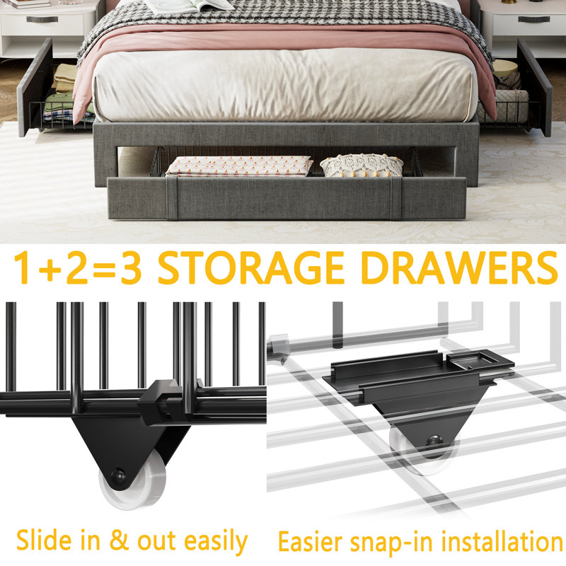 Upholstered Bed Frame with 3 Drawers, Bed with Storage Headboard and Charging Station