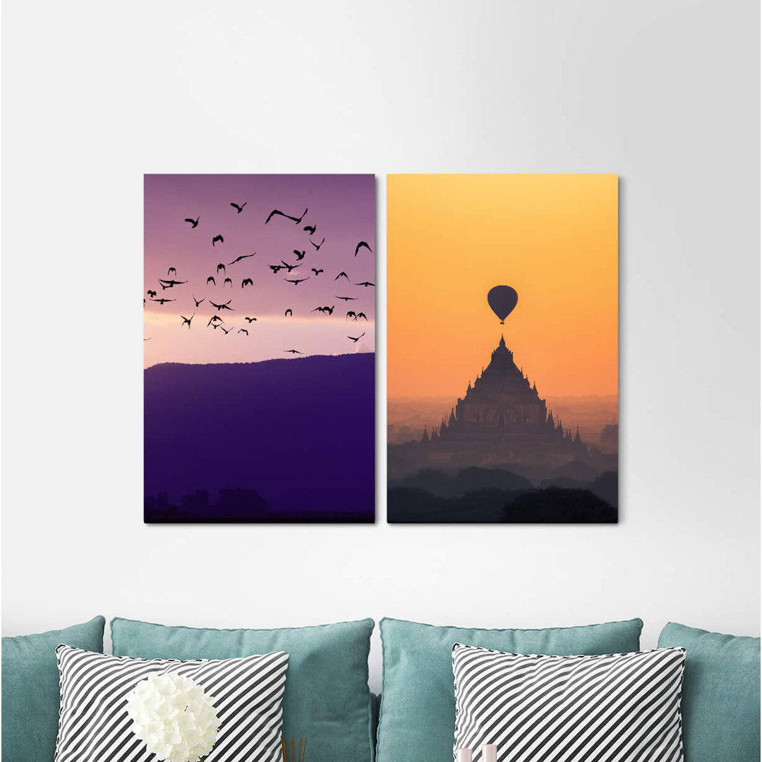 2-tlg. Leinwandbilder-Set - Grafikdruck „Swarm of Birds Temple Hinduism Hot Air Balloon Freedom Horizon Dusk Twilight”