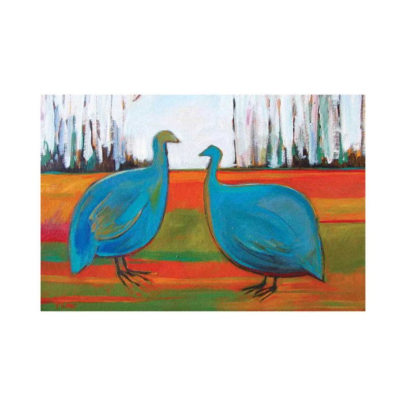 «Two Fauve Guinée Hens» par Patty Baker - peinture sur toile tendue, H 12 po x l 18 po x 1,5 po