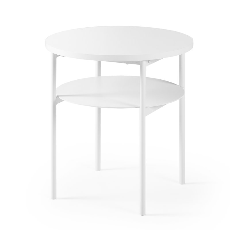 White Round Alloy Steel End Table with Storage Shelf