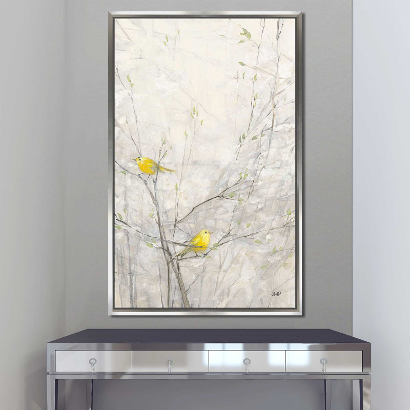 Oiseaux dans les arbres II par Julia Purinton - Peinture, Cadre flottant argent, H 33,5 po x l 21,5 po x P 2 po