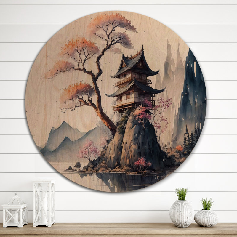 Aquarelle paysage japonais II - Art mural moderne en bois - Bois de pin naturel, L 29 po x H 29 po