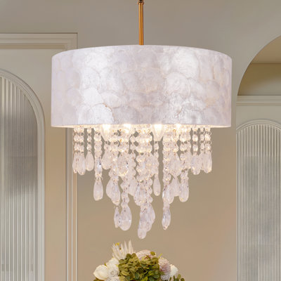 17-inch Capiz Shell Drum Chandelier With Crystal Pedant Lighting for Living Room Dinning Room