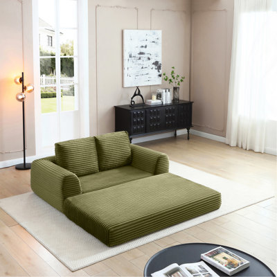 2-In-1 Folding Convertible Sofa Bed, Modern Corduroy Sleeper Couch With 2*Pillows, Futon Modular Upholstered Boneless Sofa Set With Pull-Out Bed,Folding Floor Modular Couch For Living Room Green