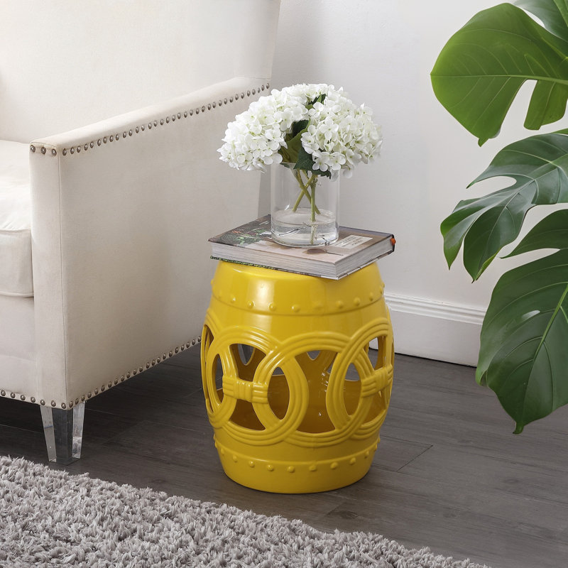Lucky Coins - Tabouret de jardin à tambour en forme d'anneaux entrelacés en céramique jaune mat contemporain de 16 po, table d'appoint intérieure et extérieure, siège et support pour plante