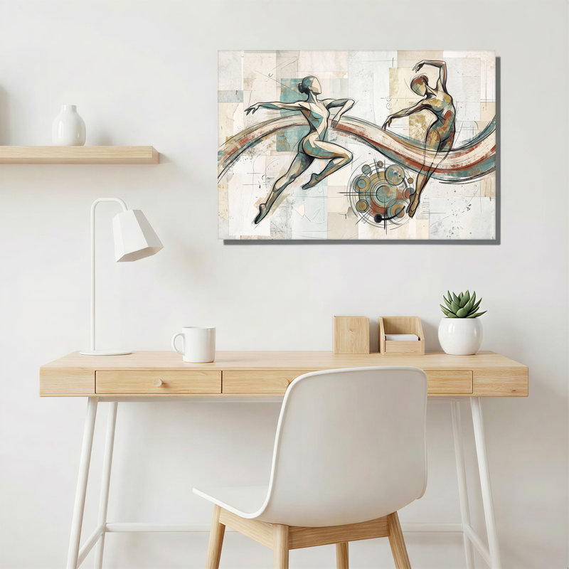 Figures stylisées de danseuses aux tons turquoise et rouille, croquis sur toile murale, H 20 po x l 30 po