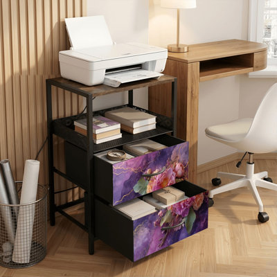 Table de chevet 2 tiroirs avec station de charge, table de chevet pour chambre à coucher avec ports USB, tablette ouverte noire, table de chevet avec imprimé d'aquarelle rose
