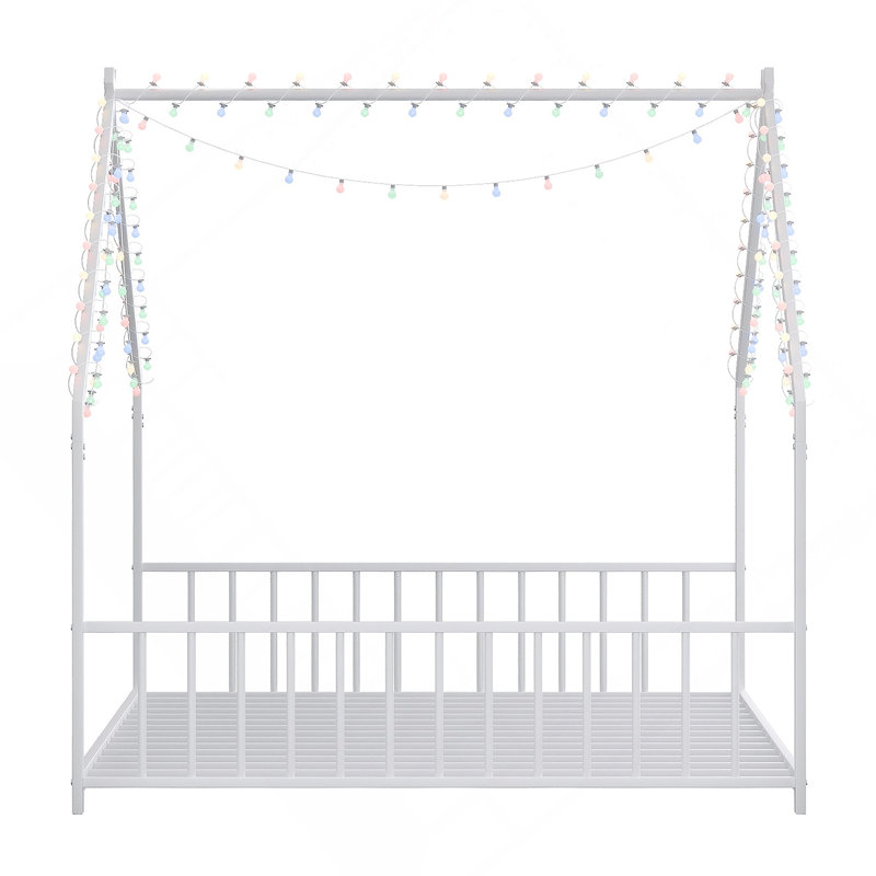 Cadre de lit double pour enfant avec bandes lumineuses à DEL, cadre en fer en forme de toit, blanc, L 78,5 po x l 55,9 po x H 58,4 po
