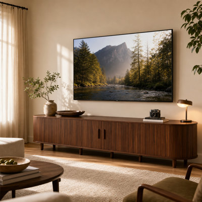 Meuble télé Mid-Century moderne avec prises de courant et tablettes de rangement pour téléviseurs de 80 po ou moins, console média en bois pour le salon et la chambre à coucher