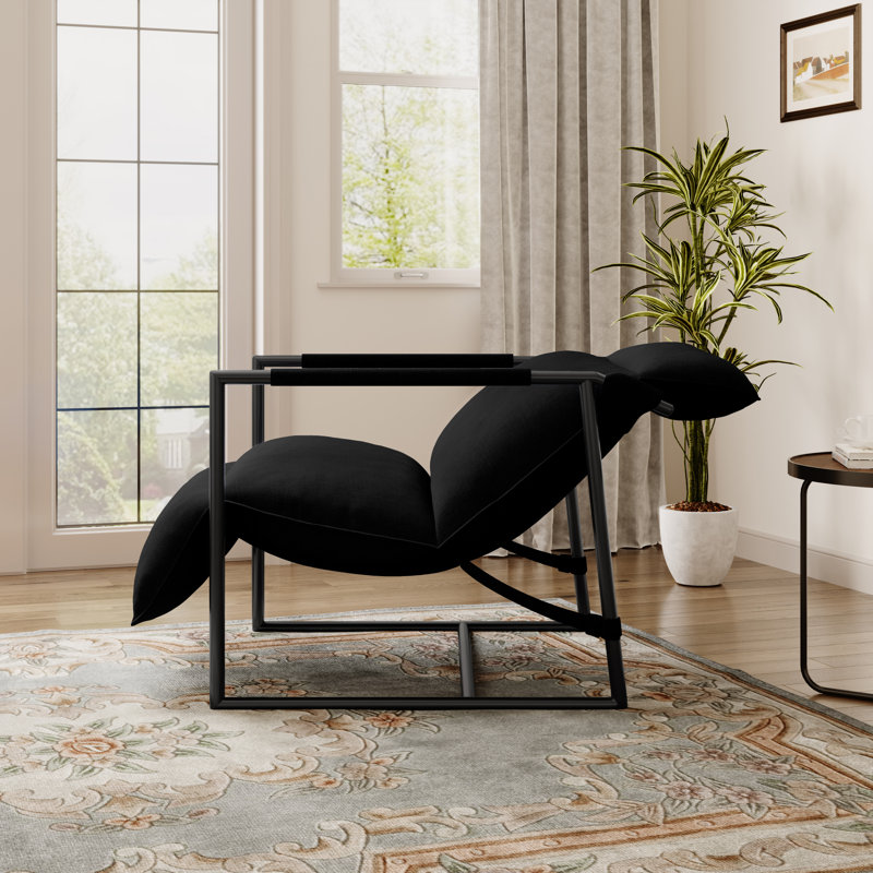 Upholstered Modern Metal Framed Black Polyester Blend Sling Accent Chair, Black Polyester Blend