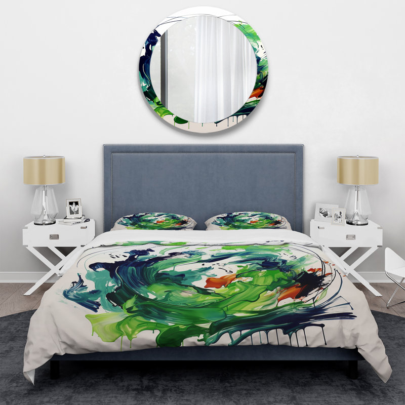 «Green and White Abstract Ink Expression III - Peinture abstraite», ensemble de housse de couette