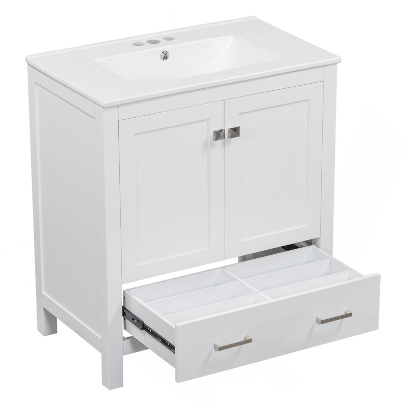 Meuble-lavabo de 30 po avec lavabo simple, meuble-lavabo encastré, armoire de rangement avec 2 portes et un tiroir, fermeture en douceur, rangement multifonctionnel, structure en bois massif