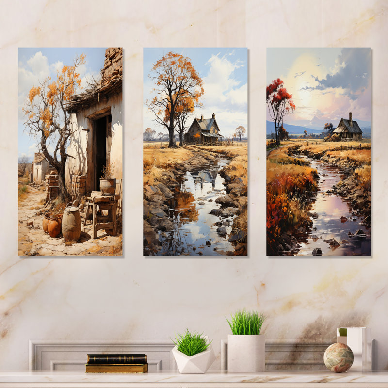 Farmhouse Rustic Retreat - Ensemble de 3 impressions sur campagne, H 28 po x l 36 po