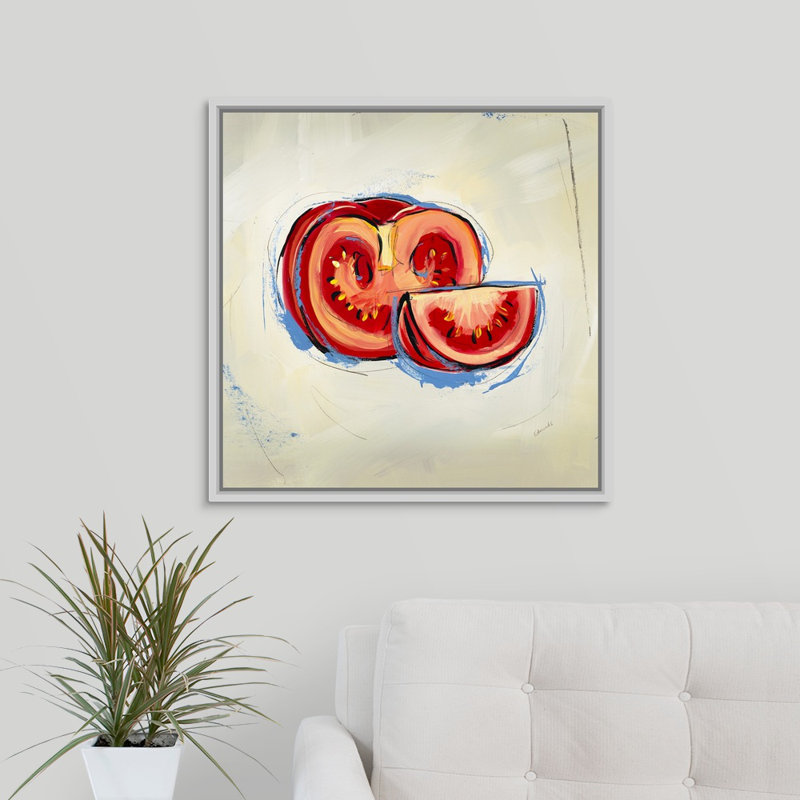 « picnic party iii », peinture sur toile, H 25,7 po x l 25,7 po x p 1,75 po, Cadre flottant blanc