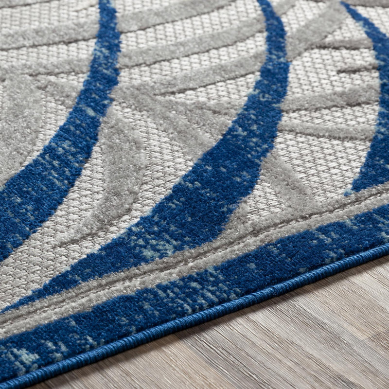 Tapis d'intérieur / extérieur bleu foncé / turquoise à motif floral Cedas, Rectangle 5 pi 3 po x 7 pi 3 po