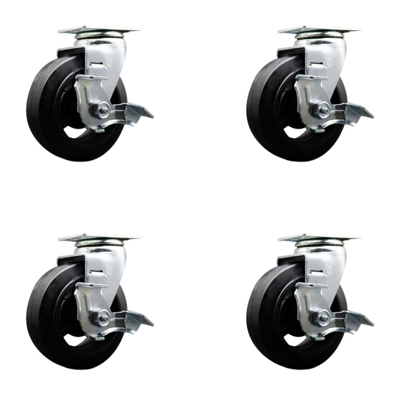 5 Inch Rubber on Cast Iron Swivel Caster Set with Roller Bearings and Brakes