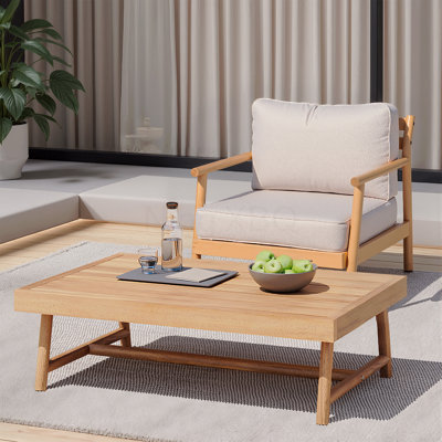 Teak Beige Patio Acacia Wood Chat Set, Club Chair + Coffee Table With Water-Resistant Cushion +