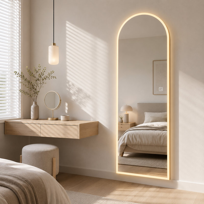 Miroir mural pleine longueur 65 po x 21 po à DEL, arche symétrique pour chambre à coucher et salon
