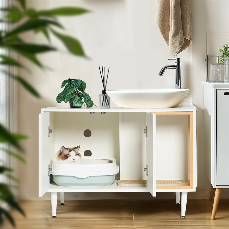 meuble-lavabo de salle de bain avec bac à litière pour chat