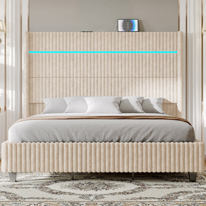 Beige Corduroy Upholstered Queen Bed Frame with LED Lighted Headboard