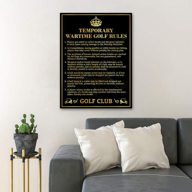 «List Of Golf Rules - Tempary Wartime Golf Rules», reproduction d'art graphique rectangulaire sur toile tendue