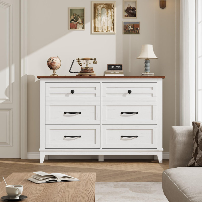 Commode de 47,2 po de largeur pour chambre à coucher, 6 tiroirs, commode en bois avec poignées en métal, commode pour garde-robe