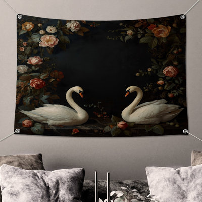 Tapisserie murale cygnes blancs avec roses - décoration murale cygnes
