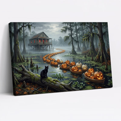 Art mural sur toile, "Chat noir en brume bayou avec citrouille rougeoyante"