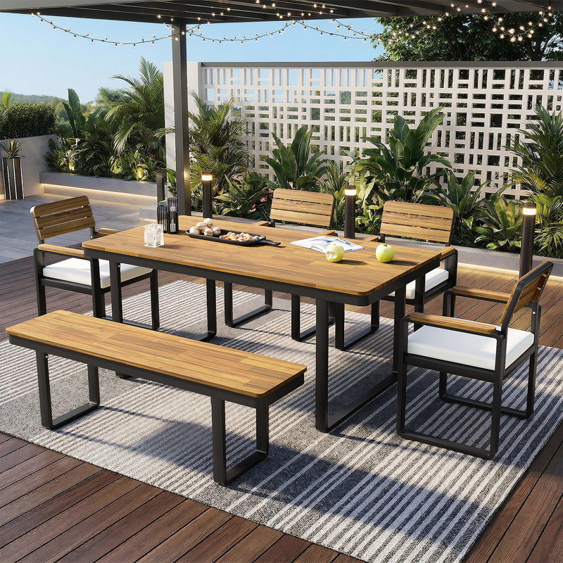 6-7 Person Solid Wood Patio Dining Set, with 1 Table & 4 Chairs & 1 Bench, Removable Cushiones, Beige