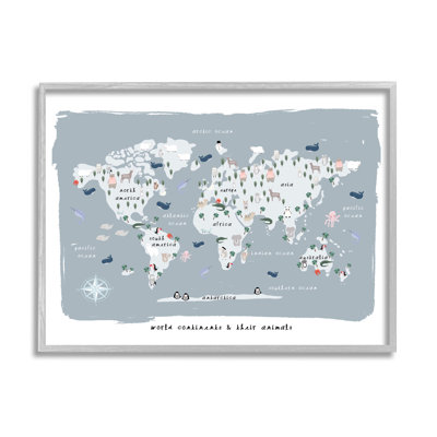 Carte du monde doux et des animaux de la région - bleu doux - impression