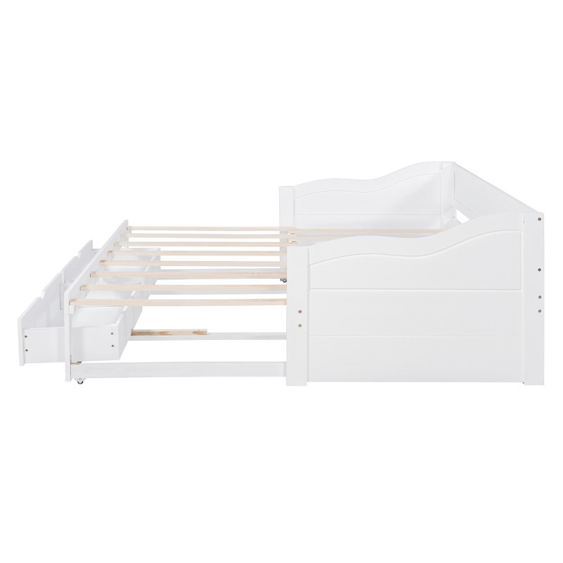 Lucky Furniture 76.4" W x 78.2" D x 29.1" H Solid Pinewood Extendable Twin Daybed with Trundle and 2 Storage Drawers, White