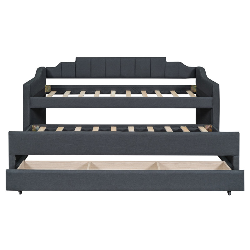 Upholstered Daybed With Trundle And Three Drawers, Gray