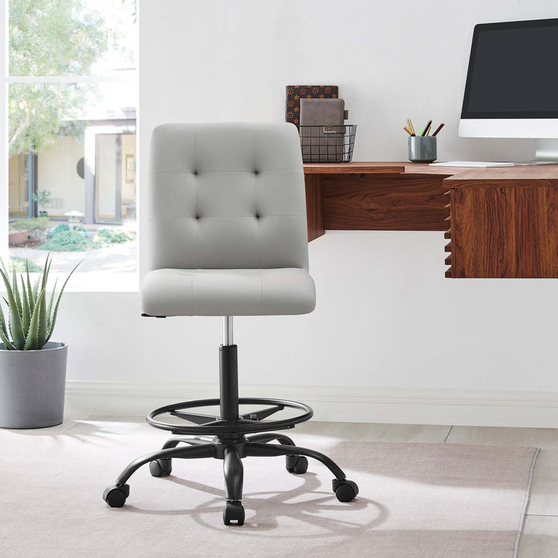 Modway Prim Armless Vegan Leather Drafting Chair, Light Gray, Black