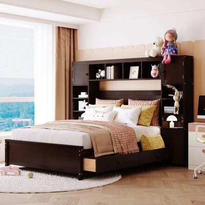 Full Size Wooden Bed With All-In-One Cabinet And Shelf