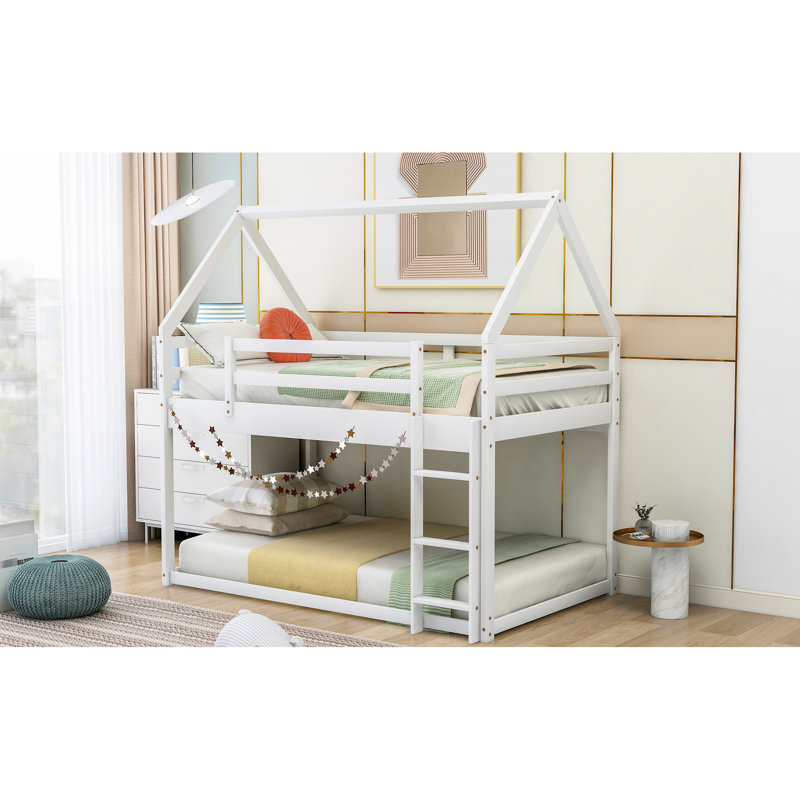 Lit superposé bas simple au-dessus en blanc, style maison - solide et facile à utiliser avec cadre de maison, Blanc