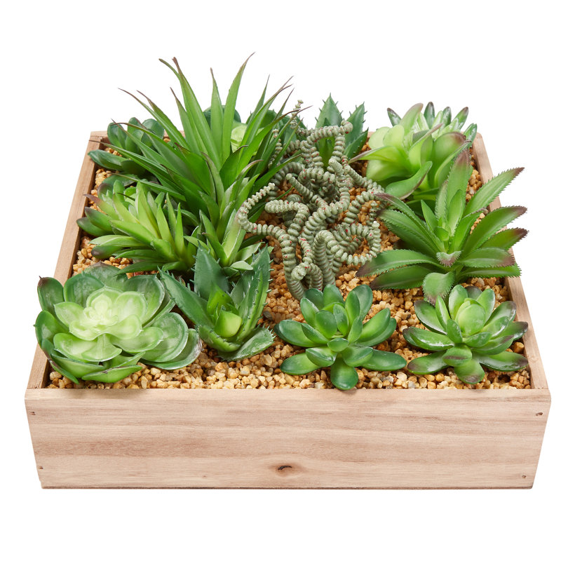 Faux  - Assorted Lifelike Plastic Greenery Arrangement with 10 Inch Decorative Wooden Box for Indoor Home or Office