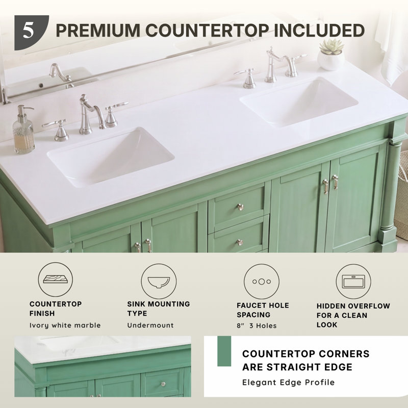 Ensemble de meuble-lavabo double 60 po Lexington, Menthe rétro, Veines blanches / brunes