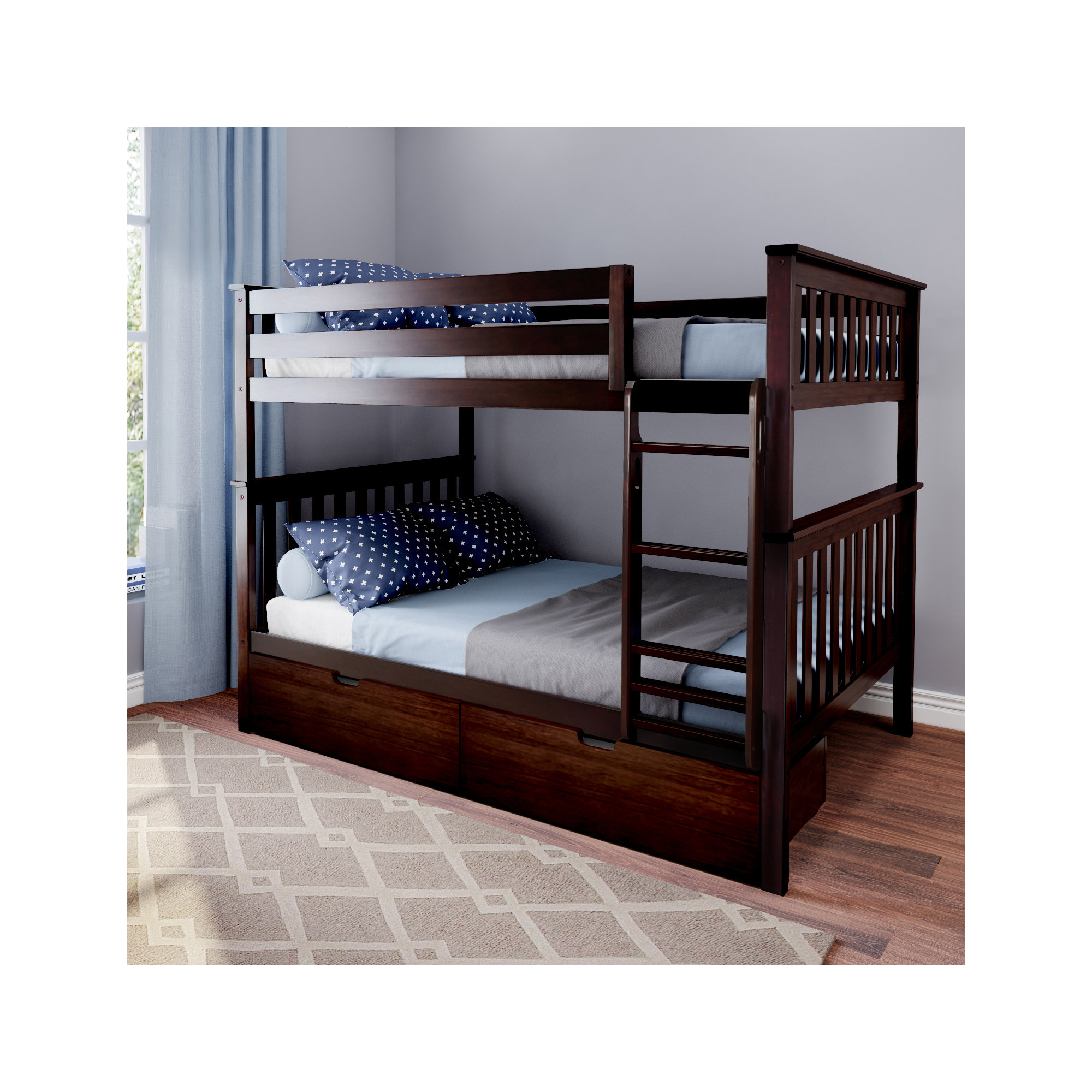 Bolles Kids Bunk Bed with Drawers, Espresso, Full over Full
