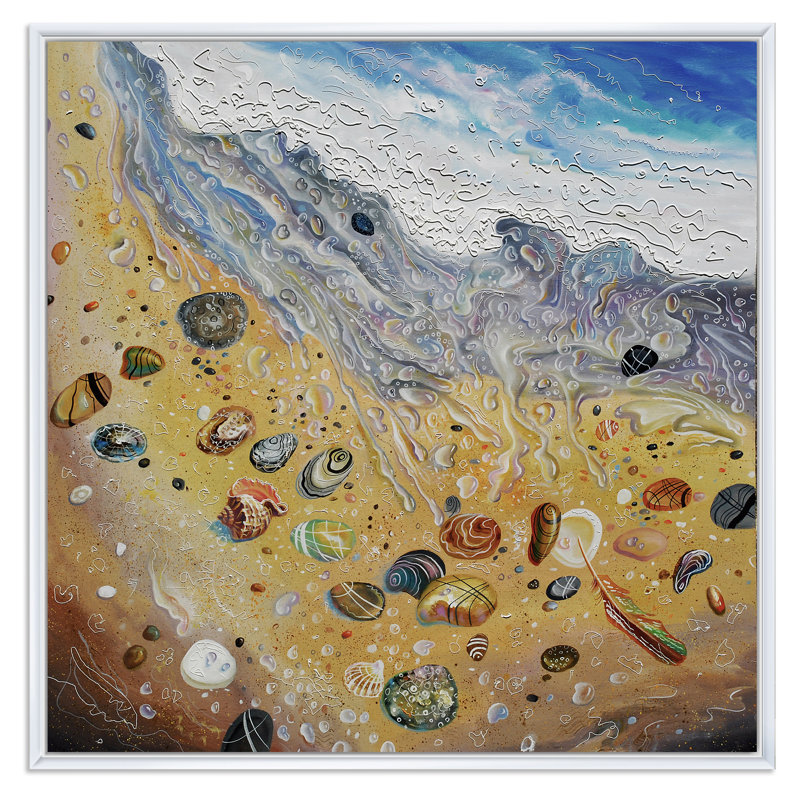 Coquillages sur la plage - reproduction d'art nautique et côtier sur toile, Cadre flottant blanc, H 16 po x l 16 po x P 1 po