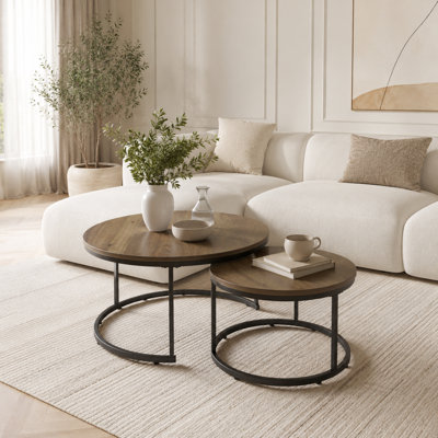Ensemble de 2 tables basses gigognes 27,6 po, plateau rond en bois industriel avec cadre en métal brun