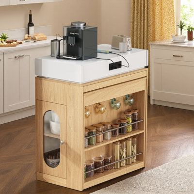 Kitchen Island With Extendable Dining Table, Drawers, Power Outlet, Wheels And Hooks