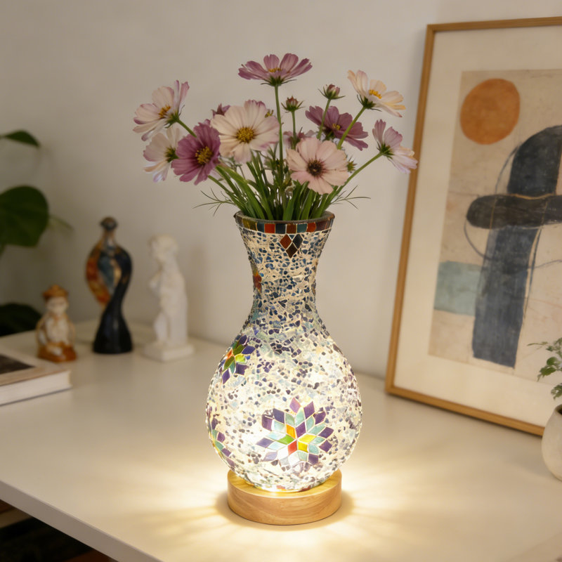 Vintage Mosaic Stained Glass Vase Table Lamp With 3-Color Led Light (Flowers Not Included)