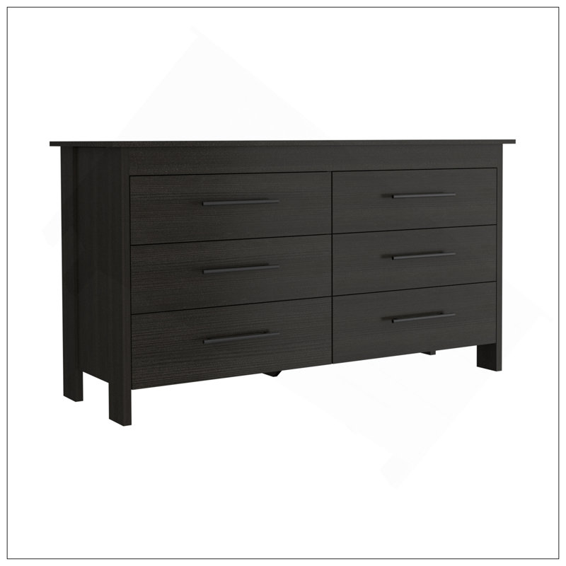 Hms 6 Drawer Double Dresser, Four Legs, Superior Top, Black