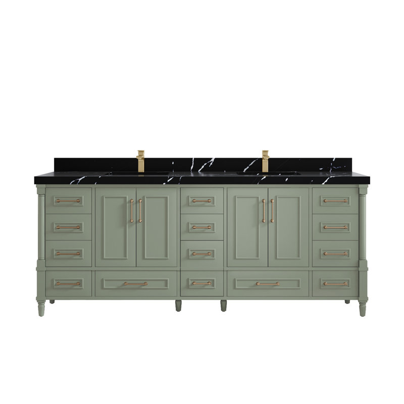 Ensemble de meuble-lavabo double 84 po Aberdeen, Quartz noir Calacatta, À feuilles persistantes